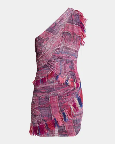 Isabel Marant One-shoulder Frayed Printed Gauze Mini Dress In Pink