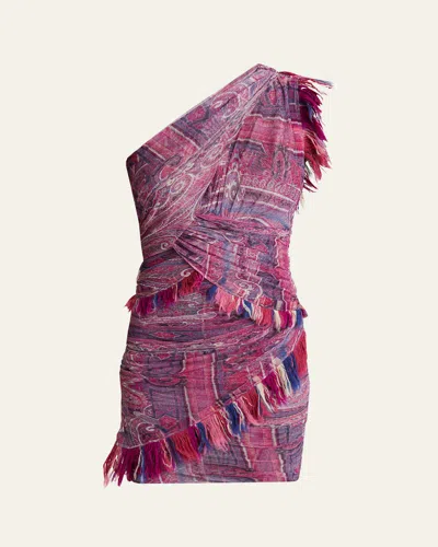 ISABEL MARANT DESSIA PRINTED ONE-SHOULDER FRINGE MINI DRESS
