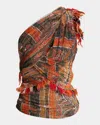 Isabel Marant Devona One-shoulder Fringed Wrap-effect Paisley-print Mesh Tank In Orange