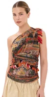 Isabel Marant Devona One-shoulder Fringed Wrap-effect Paisley-print Mesh Tank In Orange