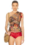 Isabel Marant Devona One-shoulder Fringed Wrap-effect Paisley-print Mesh Tank In Orange
