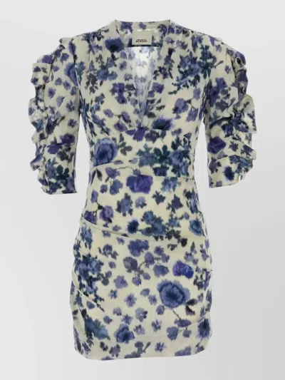 Isabel Marant Doris Stretch Silk Dress Floral Ruffles Mini In Blue