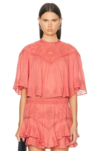 Isabel Marant Elodia Embroidered V-yoke Short-sleeve Boxy Blouse In Shell Pink