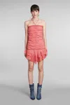 Isabel Marant Emanuela Ruched Embroidered Ramie Halterneck Mini Dress In Pink