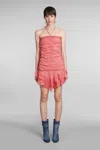 Isabel Marant Emanuela Ruched Embroidered Ramie Halterneck Mini Dress In Pink