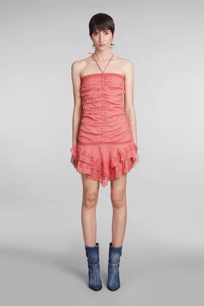 Isabel Marant Emanuela Ruched Embroidered Ramie Halterneck Mini Dress In Pink