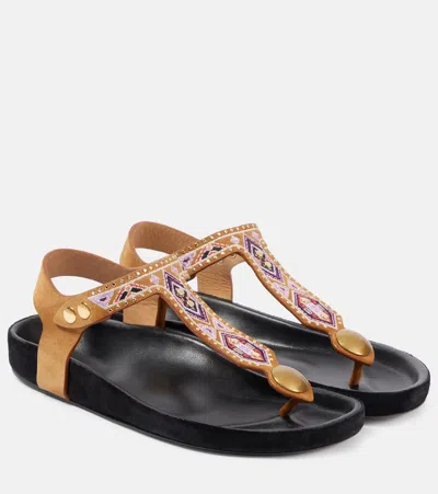 Isabel Marant Enore Embroidered Suede Sandals In Brown
