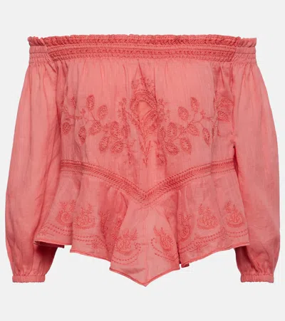 Isabel Marant Erine Embroidered Off-shoulder Top In Pink