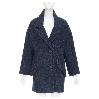 Pre-owned Isabel Marant Etoile 2017 Osbert Navy Herringbone Tweed Collared Coat Fr36 S In Blue