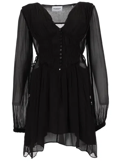 Isabel Marant Étoile Black Pleated V Neck Mini Dress In Animal Print