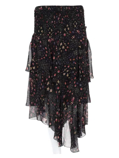 Isabel Marant Étoile Asymmetrical Hem Skirt With Floral Pattern And Smocked Waistband In Multi