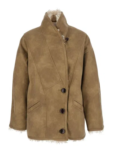 ISABEL MARANT ÉTOILE BEIGE SHEARLING COAT WITH HIGH COLLAR AND BUTTON CLOSURE IN LEATHER AND FUR WOMAN