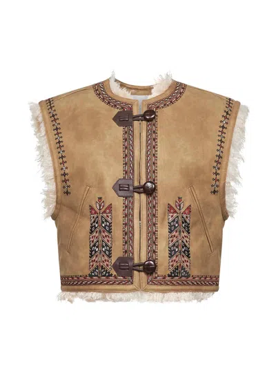 ISABEL MARANT ÉTOILE BEIGE SHEARLING-EFFECT EMBROIDERED CLEMENCIA VEST