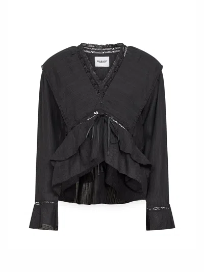 Isabel Marant Étoile Black Cotton And Linen Frilly Gauze Damienne Blouse