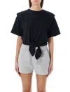 ISABEL MARANT ÉTOILE BLACK COTTON T-SHIRT WITH PADDED SHOULDERS AND KNOT DETAIL