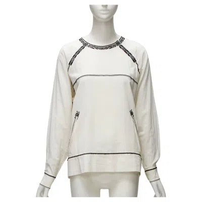 Pre-owned Isabel Marant Etoile Black Embroidery Cream Cotton Pocketed Boho Top Fr36 S In White