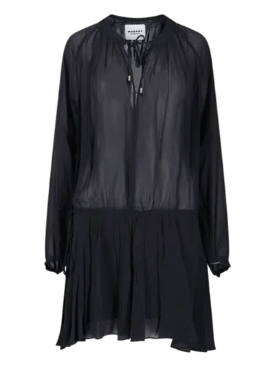 ISABEL MARANT ÉTOILE BLACK SEMI-TRANSPARENT MIDI DRESS WITH DRAWSTRING WAIST