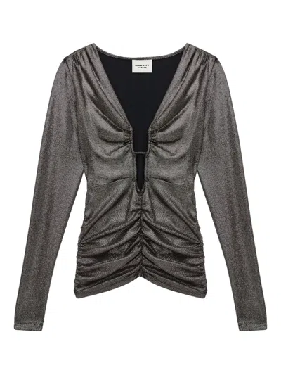Isabel Marant Étoile Buffy Plunge Neck Metallic Top In Metallic Black