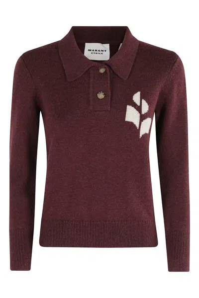 Isabel Marant Étoile Burgundy Cotton-wool Blend Sweater With Classic Collar And Logo In Brown