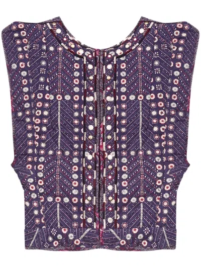 Isabel Marant Étoile Cerza Quilted Embellished Printed Cotton Vest In Purple