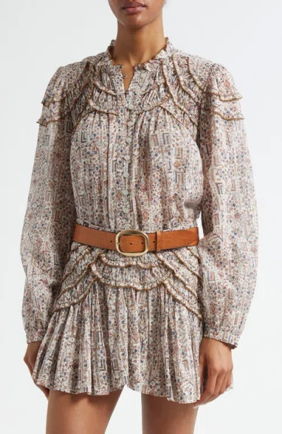 Isabel Marant Étoile Christa Print Cotton Ruffled Button-up Shirt In Gray