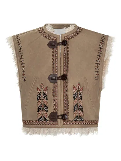 Isabel Marant Étoile Clemencia Embroidered Shearling Vest In Neutral