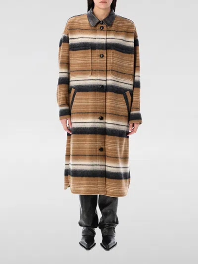 Isabel Marant Étoile Brown Striped Wool Overshirt Coat In Camel Multi