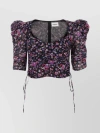 ISABEL MARANT ÉTOILE COTTON FLORAL RUCHED TOP WITH SHEER SLEEVES