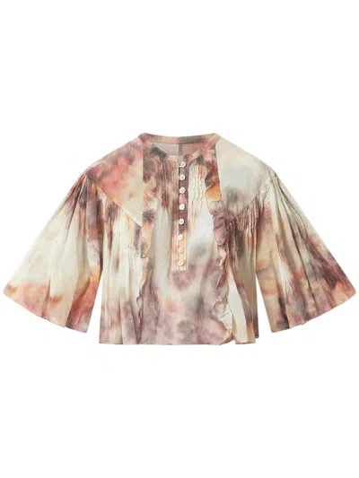 Isabel Marant Étoile Cropped Blouse With Flared Sleeves And Ruffle Details In Multi