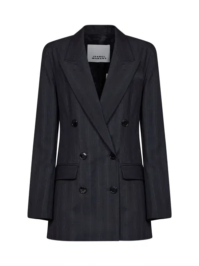 Isabel Marant Étoile Dark Anthracite Check Stretch Wool Jevima Double-breasted Blazer In Blue