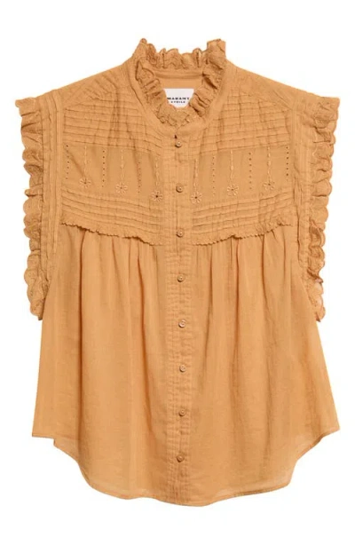 Isabel Marant Étoile Dersia Embroidery & Pleat Detail Sleeveless Cotton Button-up Shirt In Brown