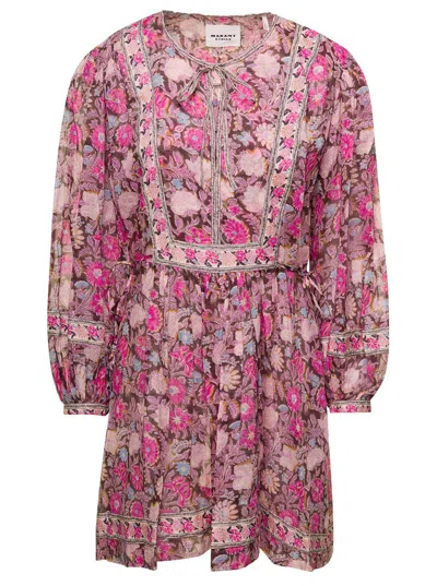 Isabel Marant Étoile Floral Print Pink Mini Dress With Long Sleeves In Cotton Woman In Multi