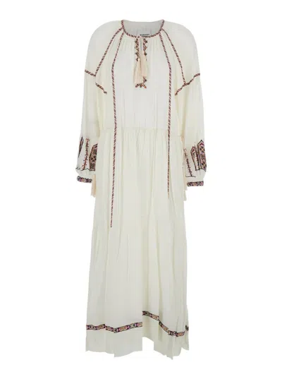 ISABEL MARANT ÉTOILE 'FLORENZA' WHITE LONG DRESS WITH TIE NECK AND EMBOSSED DESIGN IN COTTON WOMAN