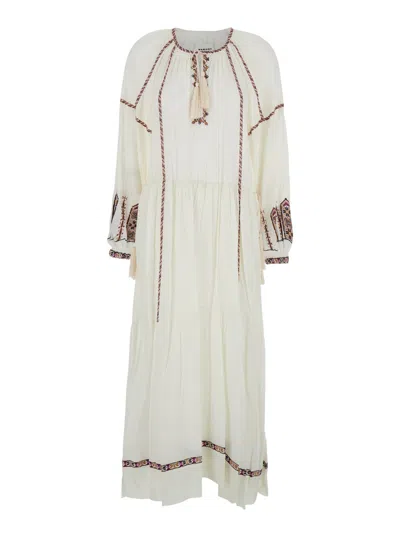 ISABEL MARANT ÉTOILE ISABEL MARANT ETOILE WOMEN 'FLORENZA' WHITE LONG DRESS WITH TIE NECK AND EMBOSSED DESIGN IN COTTON W