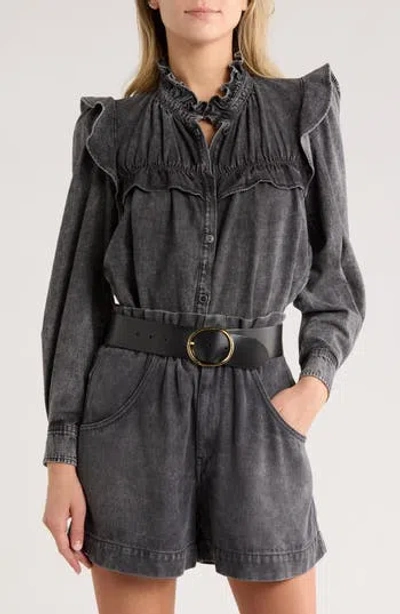 Isabel Marant Étoile Idety Ruffle Denim Button-up Shirt In Black