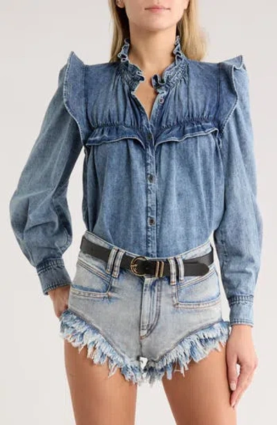 Isabel Marant Étoile Idety Ruffle Denim Button-up Shirt In Blue