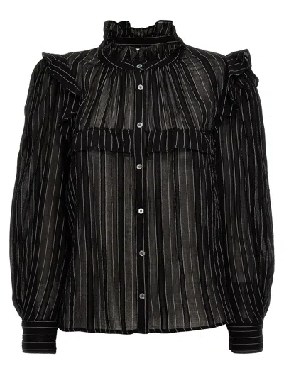 Isabel Marant Étoile Pleated Ruffle Sheer Striped Shirt In White/black