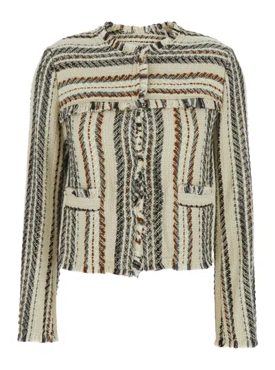 ISABEL MARANT ÉTOILE 'IZARIA' BEIGE JACKET WITH FRINGED ROUND NECK AND ALL-OVER STRIPED MOTIF IN COTTON AND WOOL BLEND WO