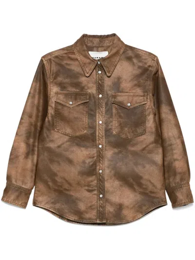 Isabel Marant Étoile Faux Leather Long Sleeve Shirt With Pockets In Brown