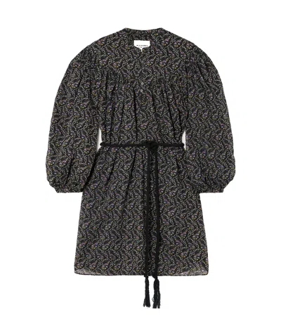 Isabel Marant Étoile Kildi Belted Floral-print Cotton-voile Mini Dress In Black