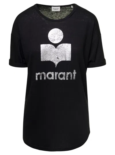 ISABEL MARANT ÉTOILE ISABEL MARANT ETOILE WOMEN 'KOLDI' BLACK CREWNECK T-SHIRT WITH CONTRASTING LOGO IN LINEN WOMAN ISABE