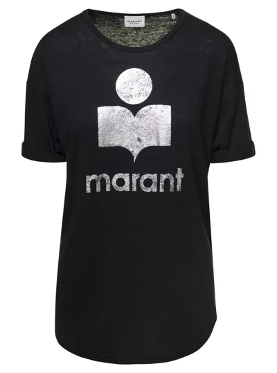 Isabel Marant Étoile 'koldi' Black Crewneck T-shirt With Contrasting Logo In Linen Woman
