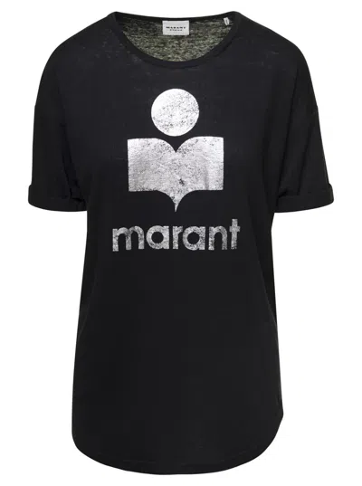 Isabel Marant Étoile 'koldi' Black Crewneck T-shirt With Contrasting Logo In Linen Woman