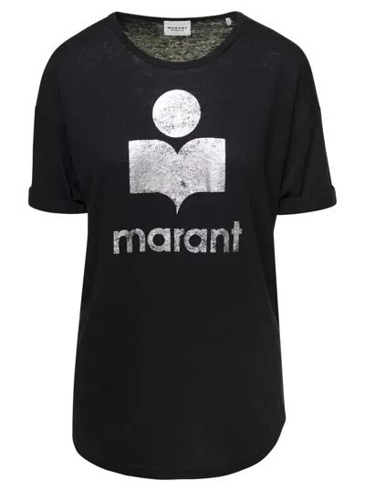 Isabel Marant Étoile 'koldi' Black Crewneck T-shirt With Contrasting Logo In Linen Woman Isabel Marant Etoile