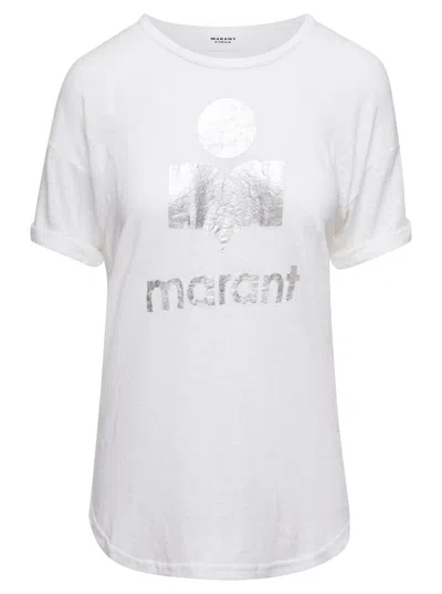 ISABEL MARANT ÉTOILE ISABEL MARANT ETOILE WOMEN 'KOLDI' WHITE CREWNECK T-SHIRT WITH CONTRASTING LOGO IN LINEN WOMAN ISABE