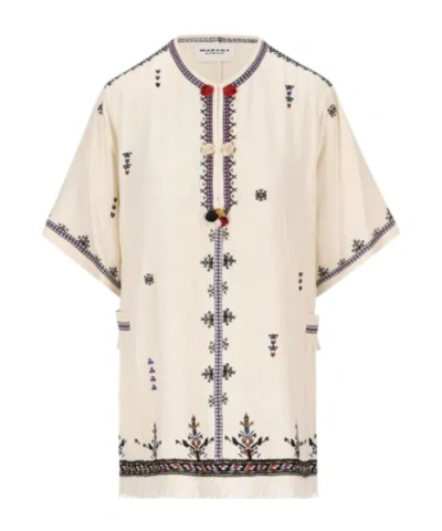 Isabel Marant Étoile 'kressy' White Dress With All-over Embroidery And Frayed Edge In Beige