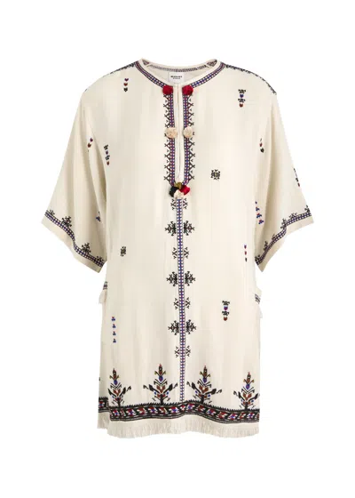 Isabel Marant Étoile 'kressy' White Dress With All-over Embroidery And Frayed Edge In Beige
