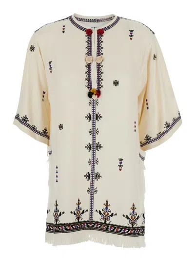 Isabel Marant Étoile 'kressy' White Dress With All-over Embroidery And Frayed Edge In Beige
