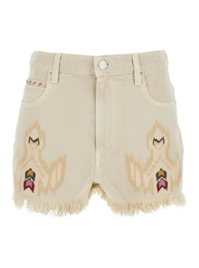 Isabel Marant Étoile 'lesia' Beige Shorts With Fringed Hem And Embroidered Motif