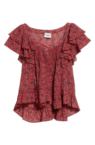 Isabel Marant Étoile Madrana Floral Ruffle Sleeve Cotton Top In Cranberry